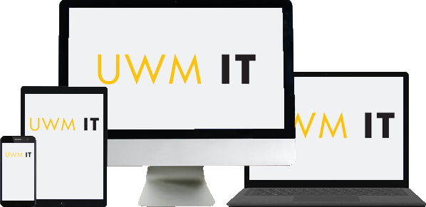 Electronic devices with UWM IT logo on the screen. 