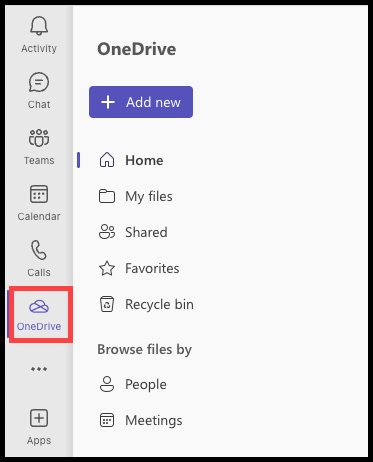 New Teams app navigation bar with OneDrive Tab selected. 