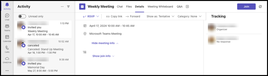Image of Microsoft Teams Activity pane with a meeting invite notification in the list pane and the meeting information in the working screen. 