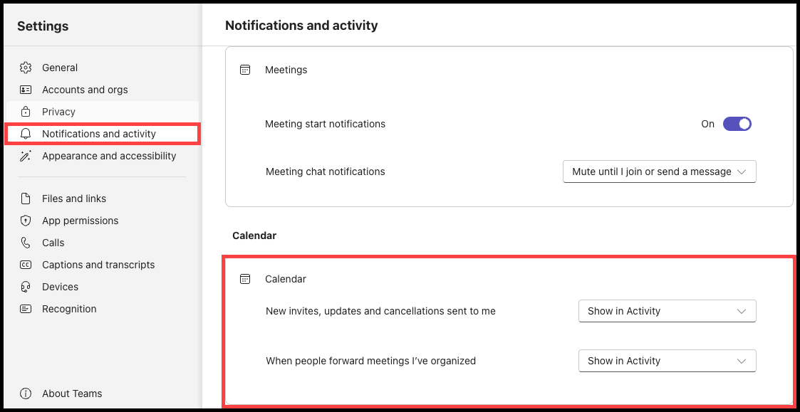 Image of Microsoft Teams Settings menu with Notifications and activity settings selected and Calendar notification settings displayed. 