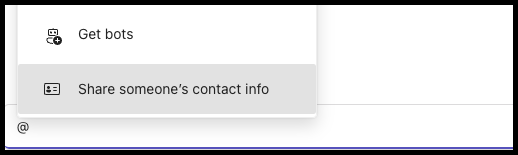 Image of Microsoft Teams Chat text box with an "@" symbol typed and the option to "Share someone's contact info" highlighted.