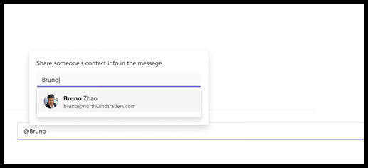 Microsoft Teams Chat box after "Share someone's contact info" was selected, and the person's name is being searched for.