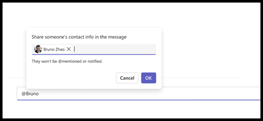 Microsoft Teams Chat box, with person's name selected in "Share someone's contact info" search. 