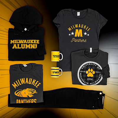 Photo collage of UWM shirts on a black and gold background