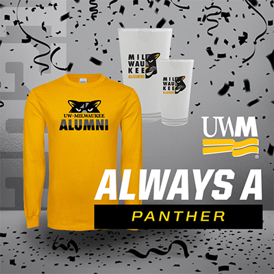 Photo of UWM Alumni Merchandise on a light gray background (features a long sleeve tee and two tumblers) Text over the image reads 