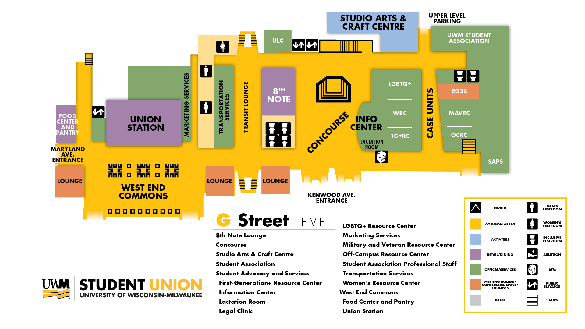 Floor map of the street level of the UWM Student Union, labeled as G Street Level. The layout highlights major areas: West End Commons on the left in orange, Union Station in purple, and the Food Center and Pantry near the Maryland Avenue entrance. The center features the Concourse in yellow with the 8th Note Lounge and Transit Lounge. To the right are case units in green, including LGBTQ+ Resource Center, Women’s Resource Center, Military and Veterans Resource Center, and other student service offices. At the top, the Studio Arts & Craft Centre is shown in blue, near upper-level parking and the UWM Student Association. Icons indicate elevators, stairs, and accessible routes. A legend at the bottom right explains color codes for lounges, activities, offices, and amenities.