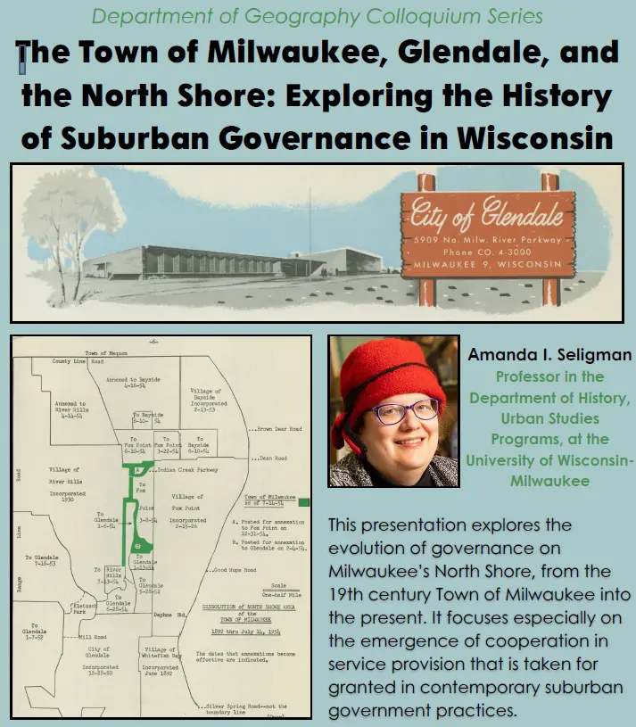 Presentation explores the evolution of governance on Milwaukee's North Shore from the 19th century Town of Milwaukee into the present. It focuses especially on the emergence of cooperation in service provision that is taken for granted in contemporary suburban government practices. Map of North Shore suburbs and Town of Milwaukee.
