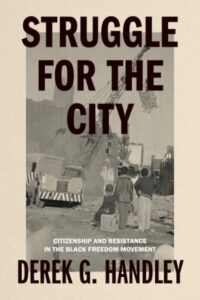 book cover for Struggle for the City shows construction crane while family watches