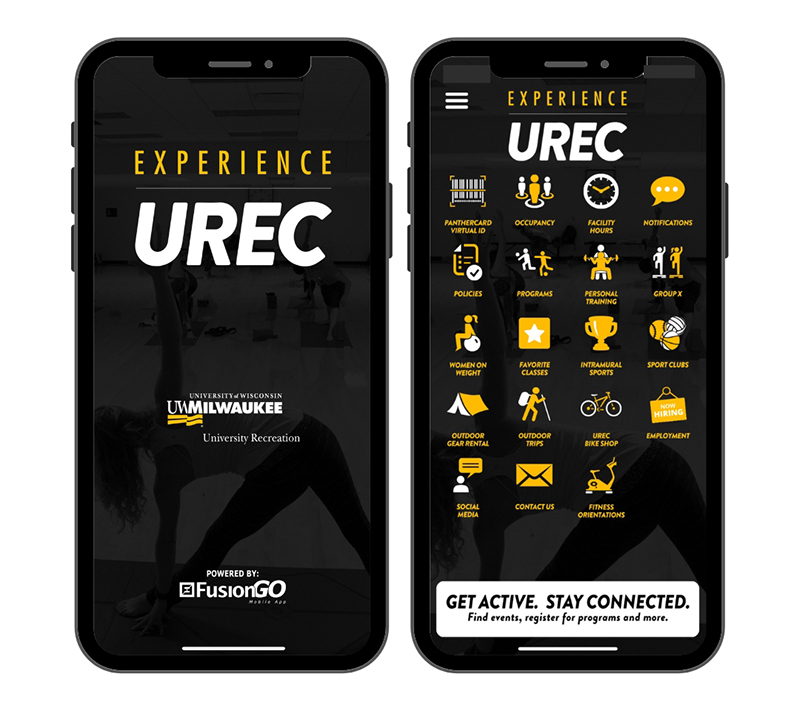 A photo of two phones next to each other showing the title card and the home page of the UREC iPhone app