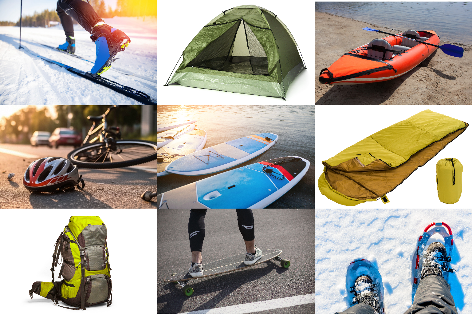 cross country skis, green tent, orange inflatable kayak, helmet and bike on the ground, stand up paddle boards floating in water, a yellow sleeping bag, a yellow backpack, someone riding a longboard, and blue snowshoes on snow