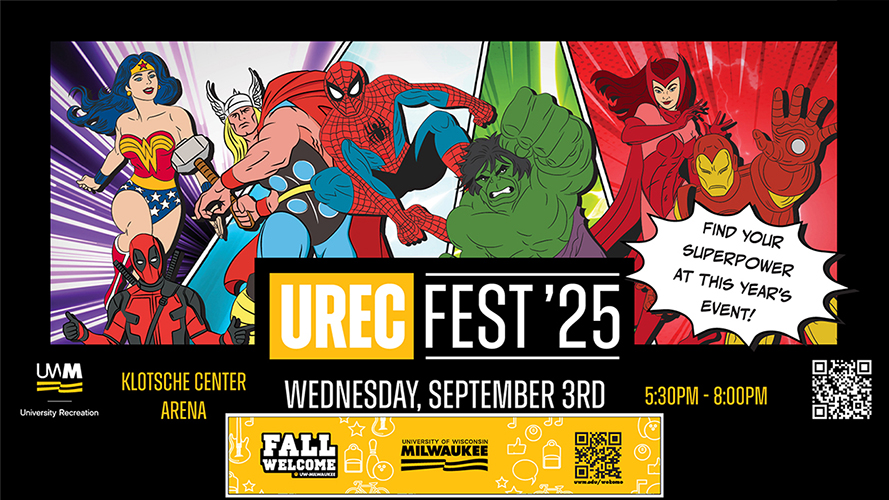 A graphic that displays super heros for UREC Fest 2025; scheduled for September 3 2025