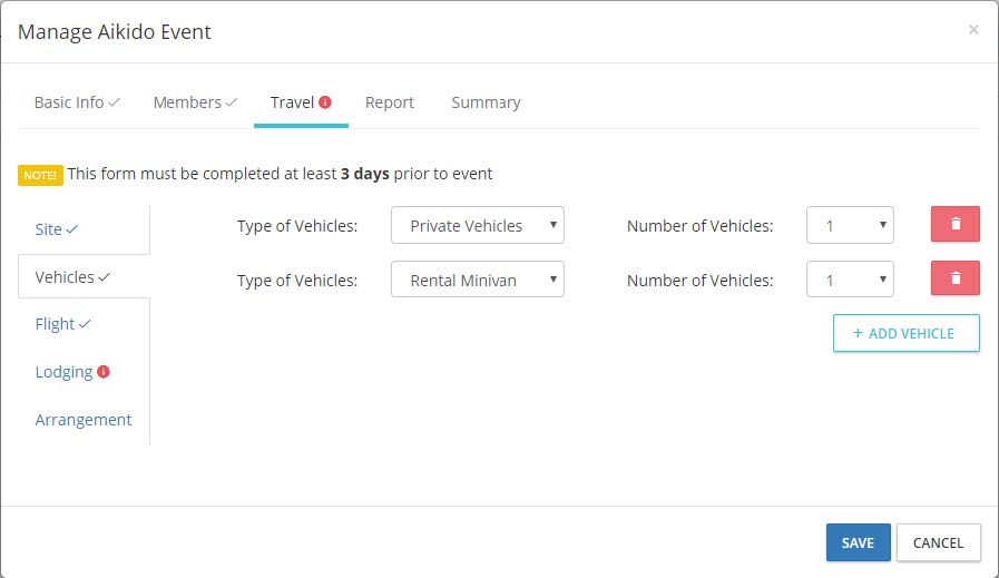 Travel - Vehicles information in the events settings on the DSE Website