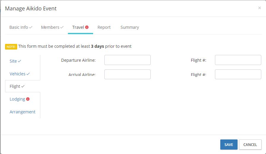 Travel - flight information in the event settings on the DSE Website