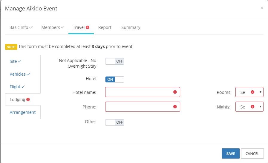 Travel - lodging information in the events settings on the DSE website
