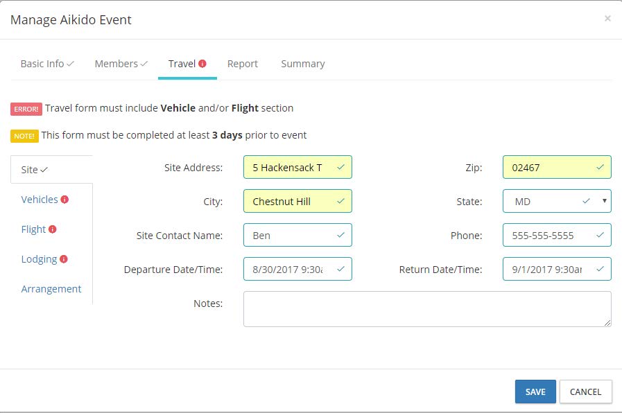 Travel settings in the event settings on the DSE website