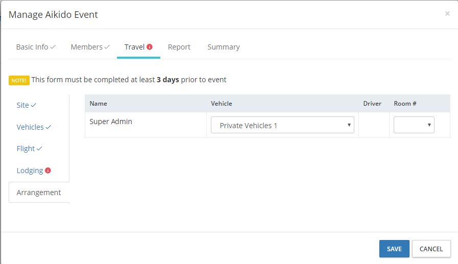 Travel - arrangement information in the event settings on the DSE Website