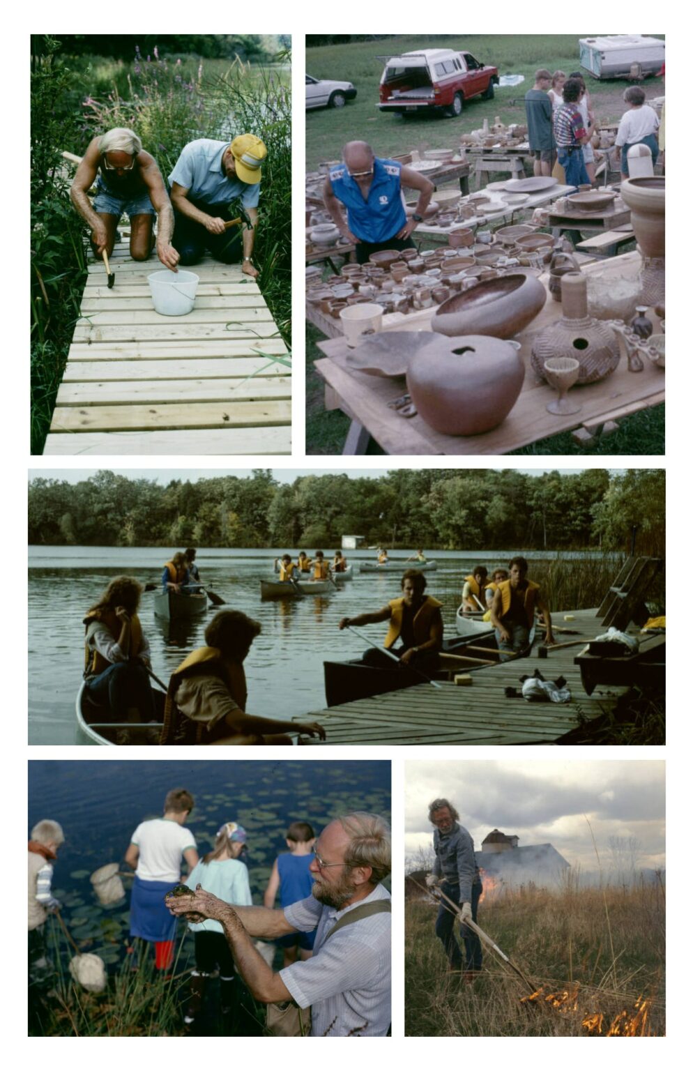 Five vintage photos showing UWM Field Station activities: researchers on wooden dock, pottery display, students in canoes, lake sampling, and prescribed burn.