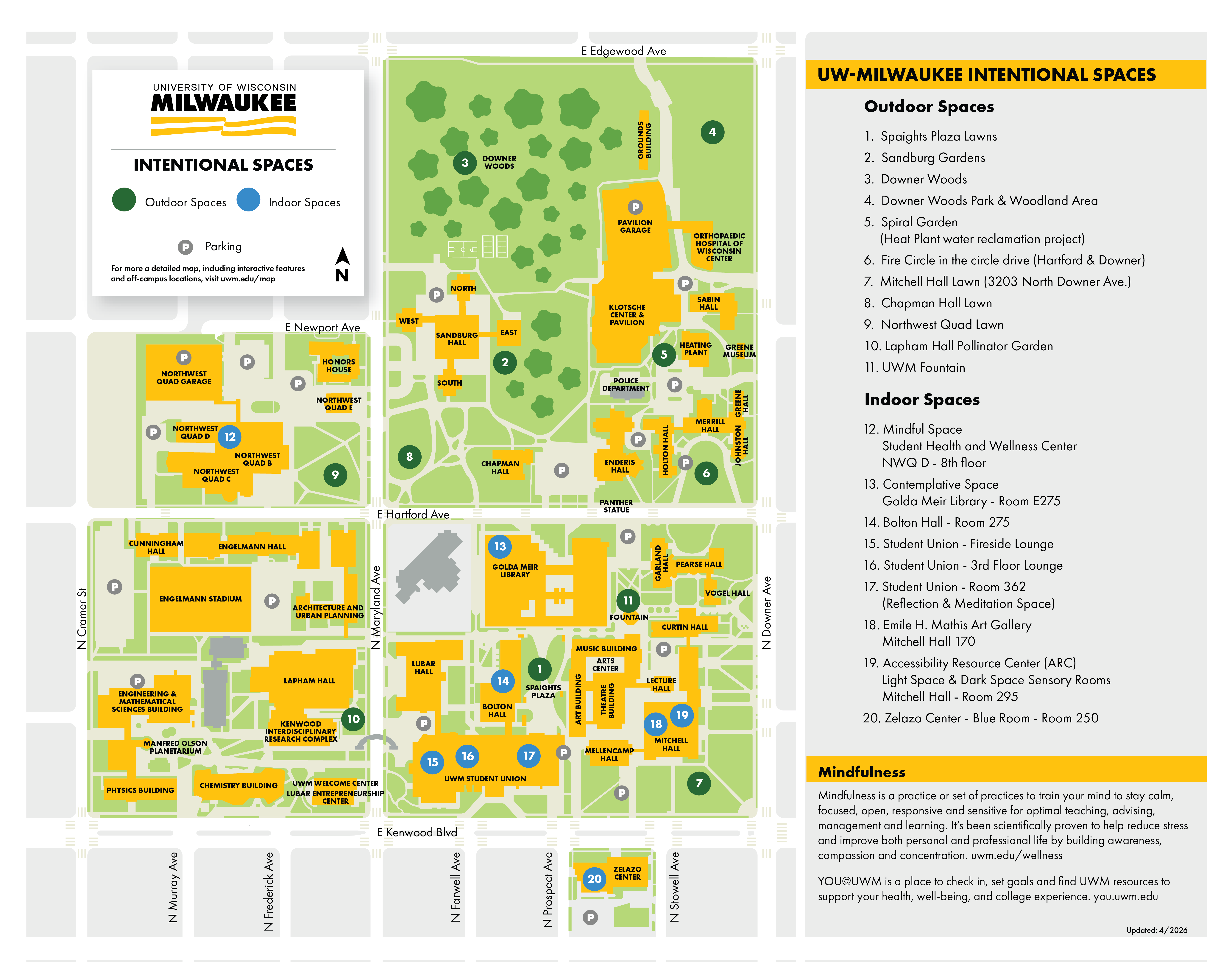 Map of the University of Wisconsin–Milwaukee campus showing 20 designated ‘Intentional Spaces’ for wellness and reflection. Outdoor spaces are marked with green circles and indoor spaces with blue circles. The map includes major campus buildings in yellow, surrounding streets in gray, and green areas for parks and lawns. A numbered list on the right identifies spaces such as Spaights Plaza Lawns, Sandburg Gardens, Downer Woods Park, Spiral Garden, and indoor locations like Golda Meir Library Room E275, Bolton Hall Room 275, and Student Union lounges. Parking areas are indicated with gray circles containing a ‘P.’ North is oriented upward.