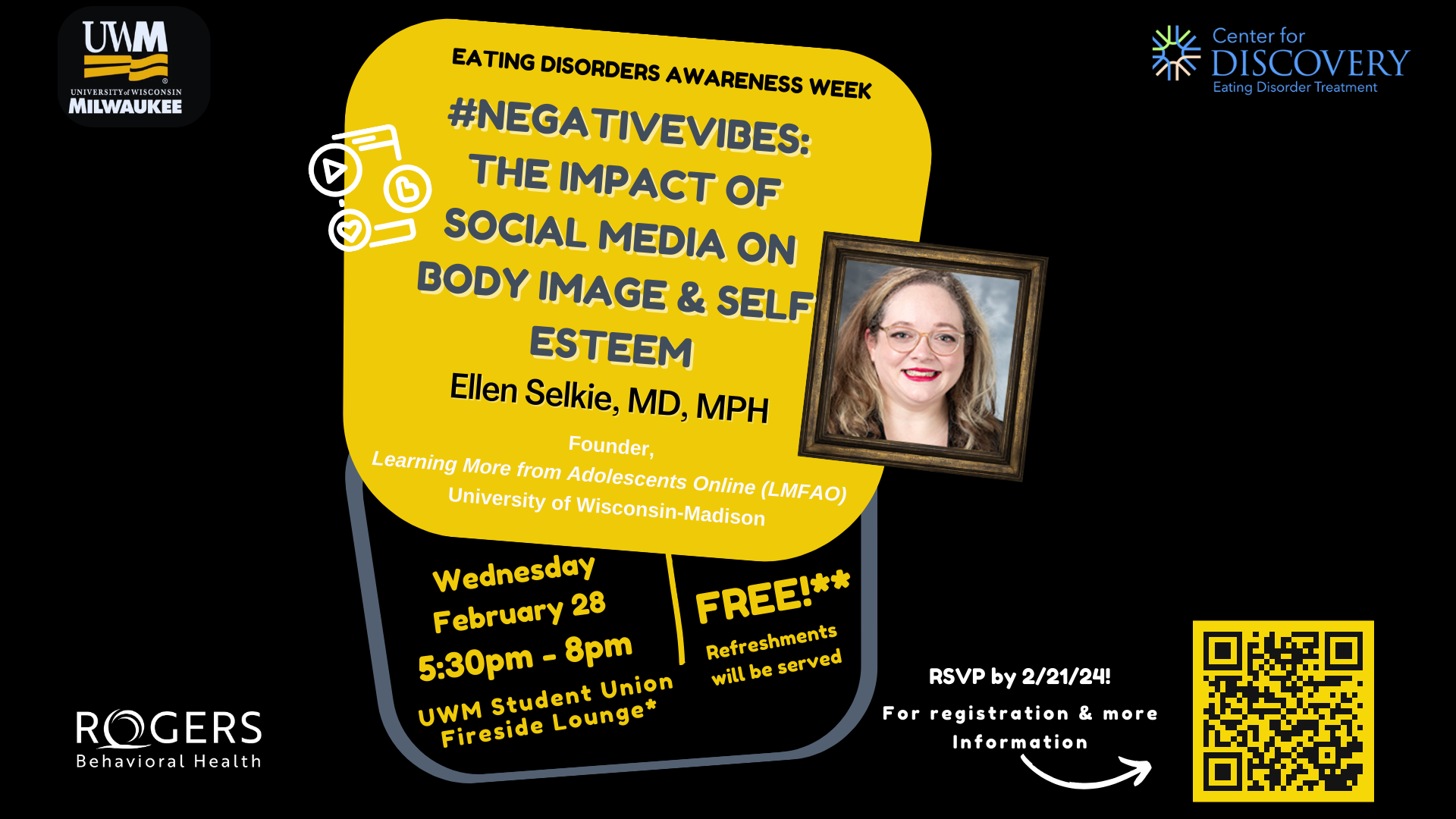 A graphic for a seminar about the impact of social media on body image on February 28 in the Union