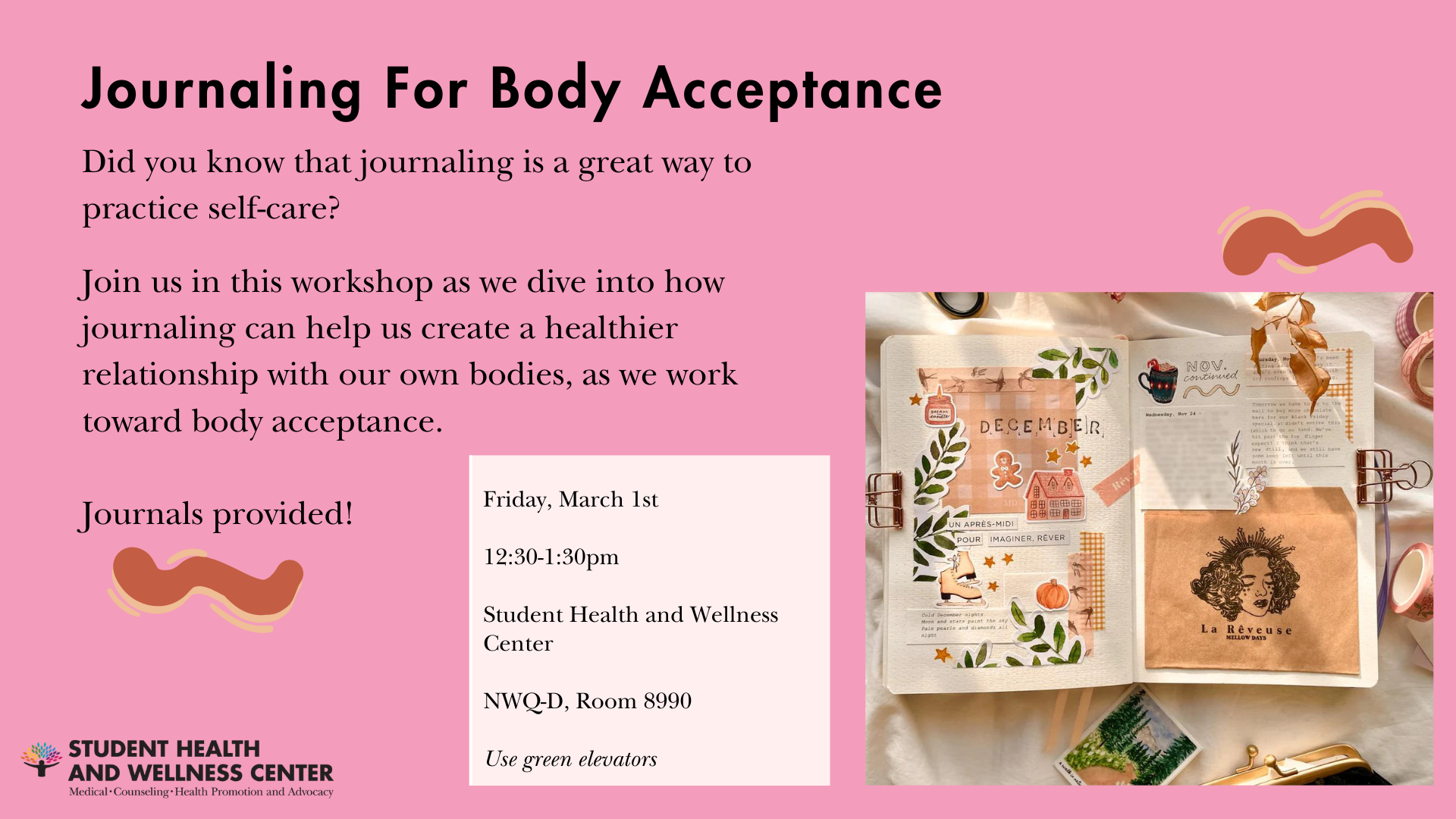 A graphic announcing a journaling event in the Student Health and Wellness Center in March.