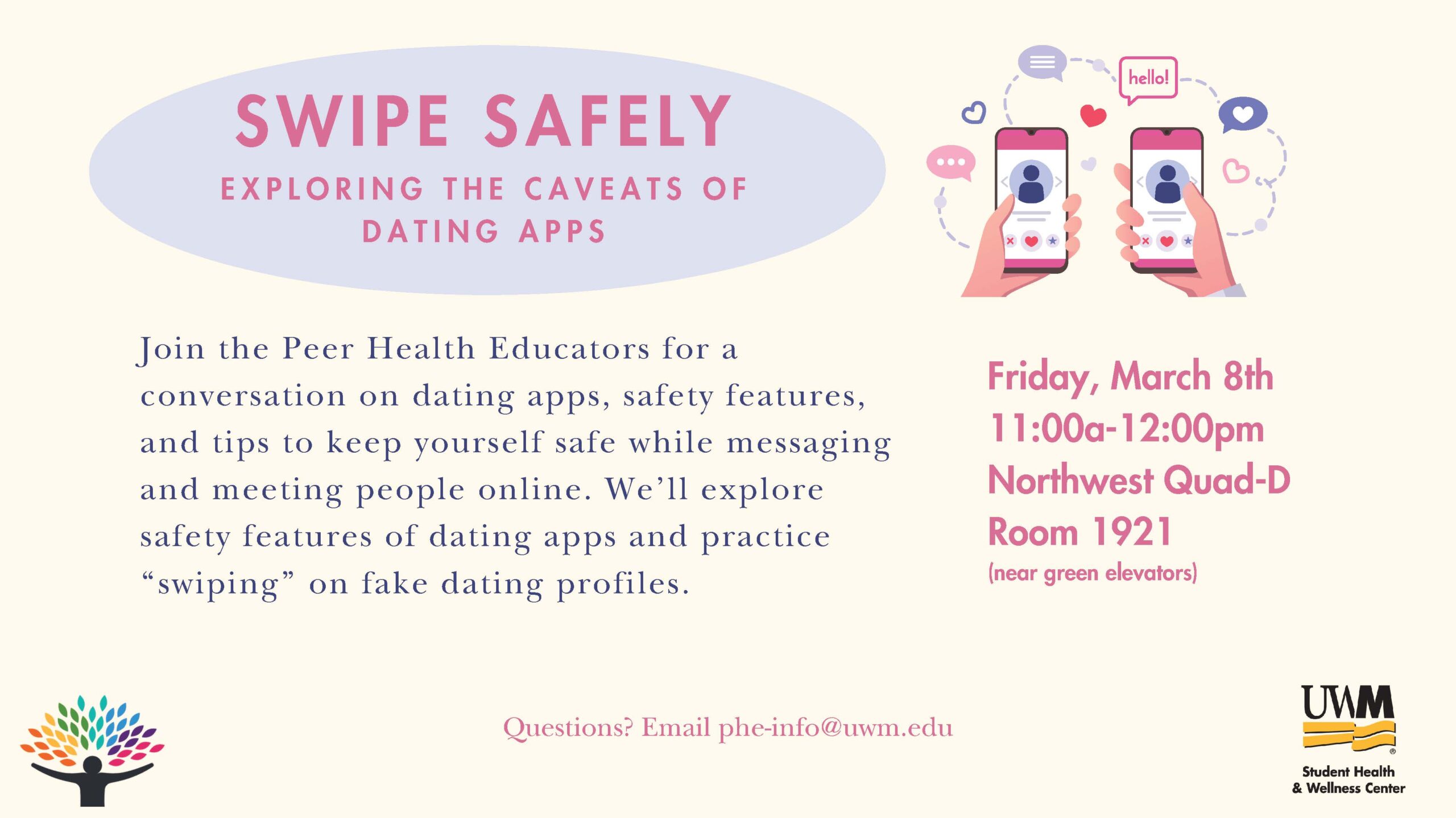 A graphic of an event in the Union about dating app safety.