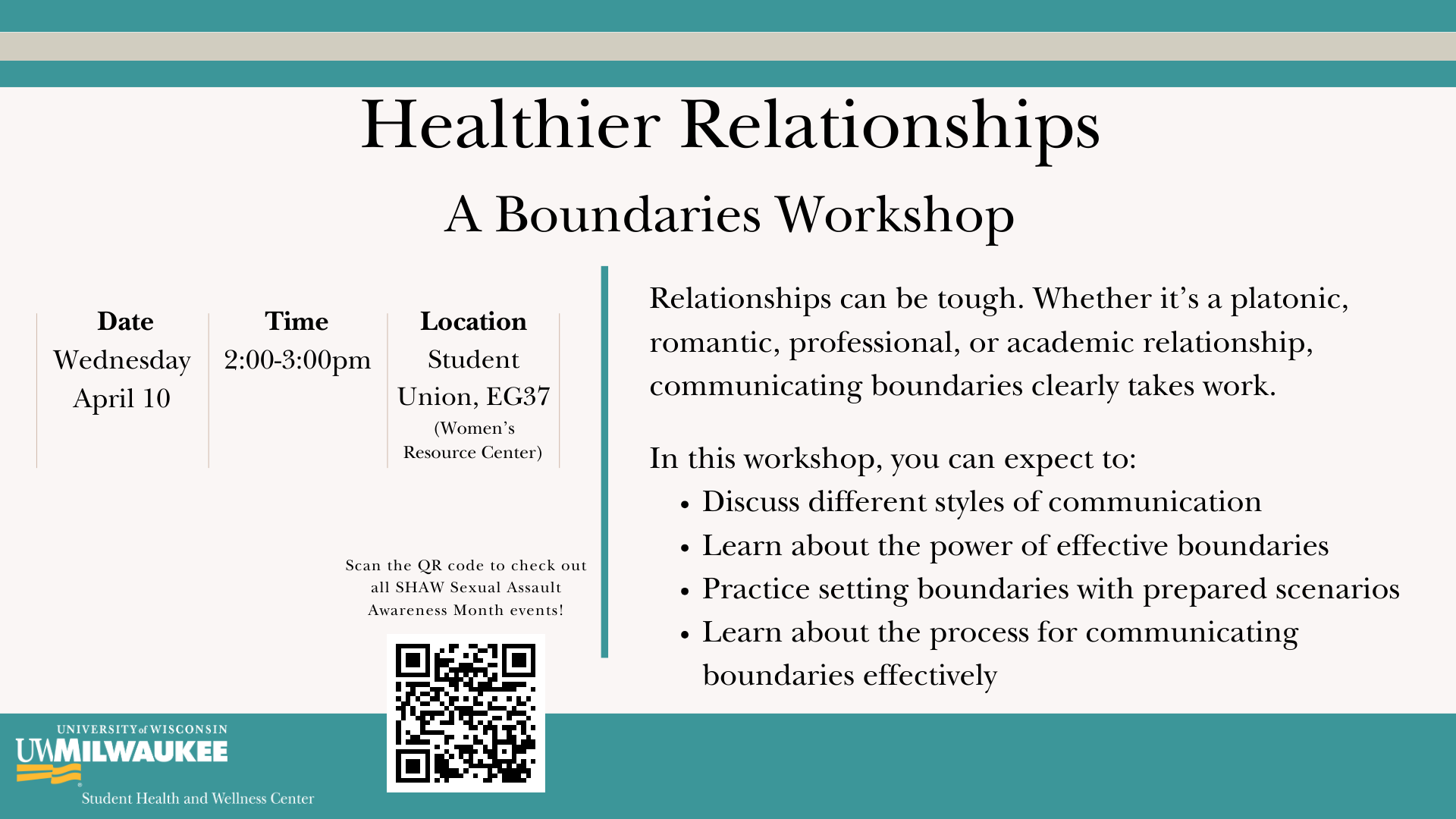 A teal and white graphic depicting an event about setting healthy boundaries for a healthier relationship