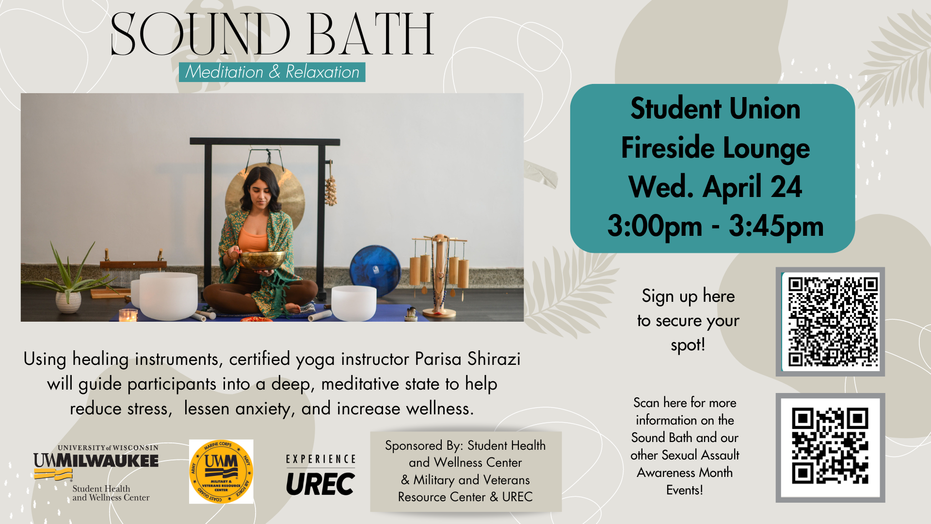 A graphic providing information about a sound bath event in the Union on April 24 from 3-3:45 pm
