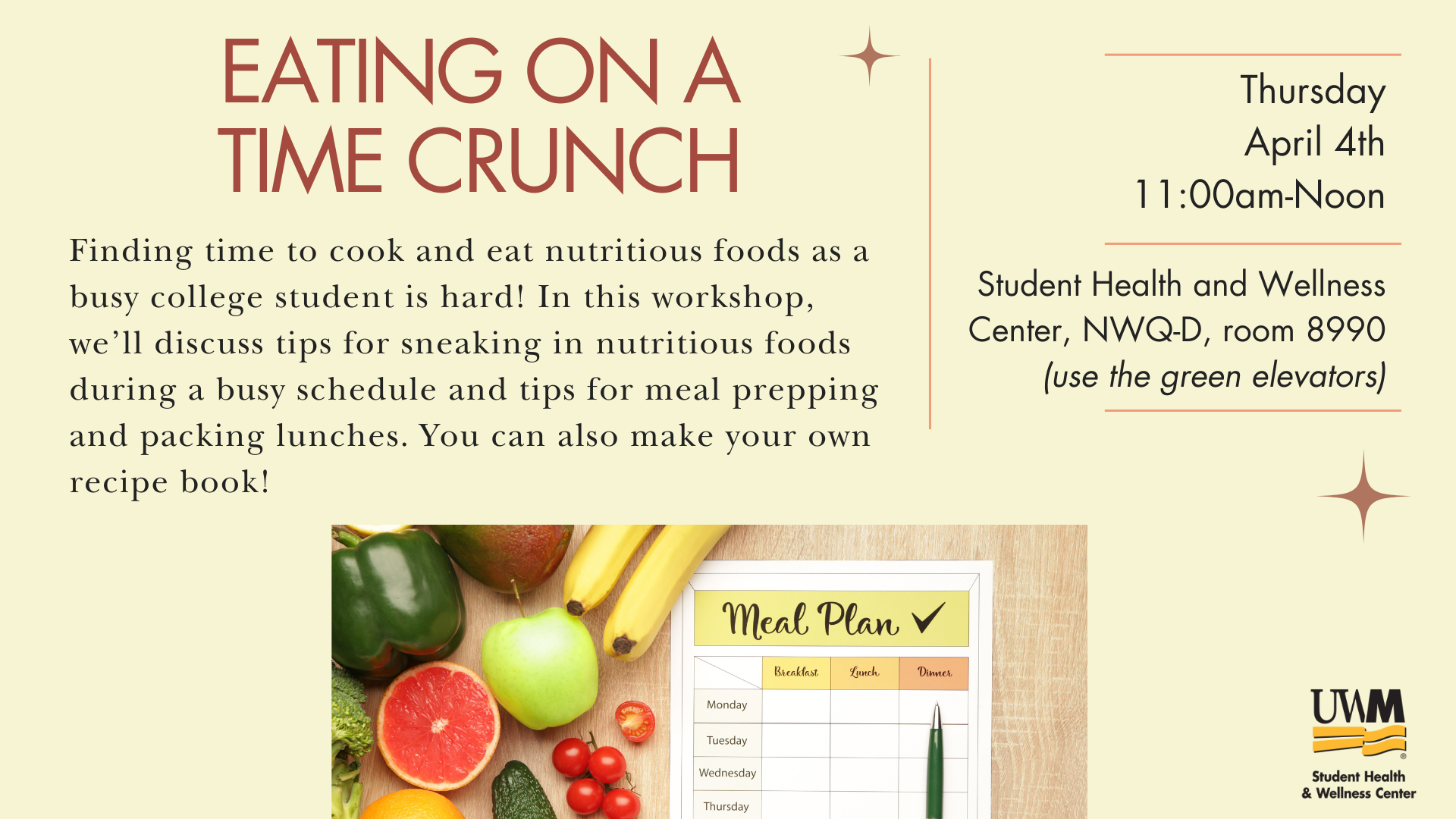 A graphic sharing information about an event focused on eating on a time crunch