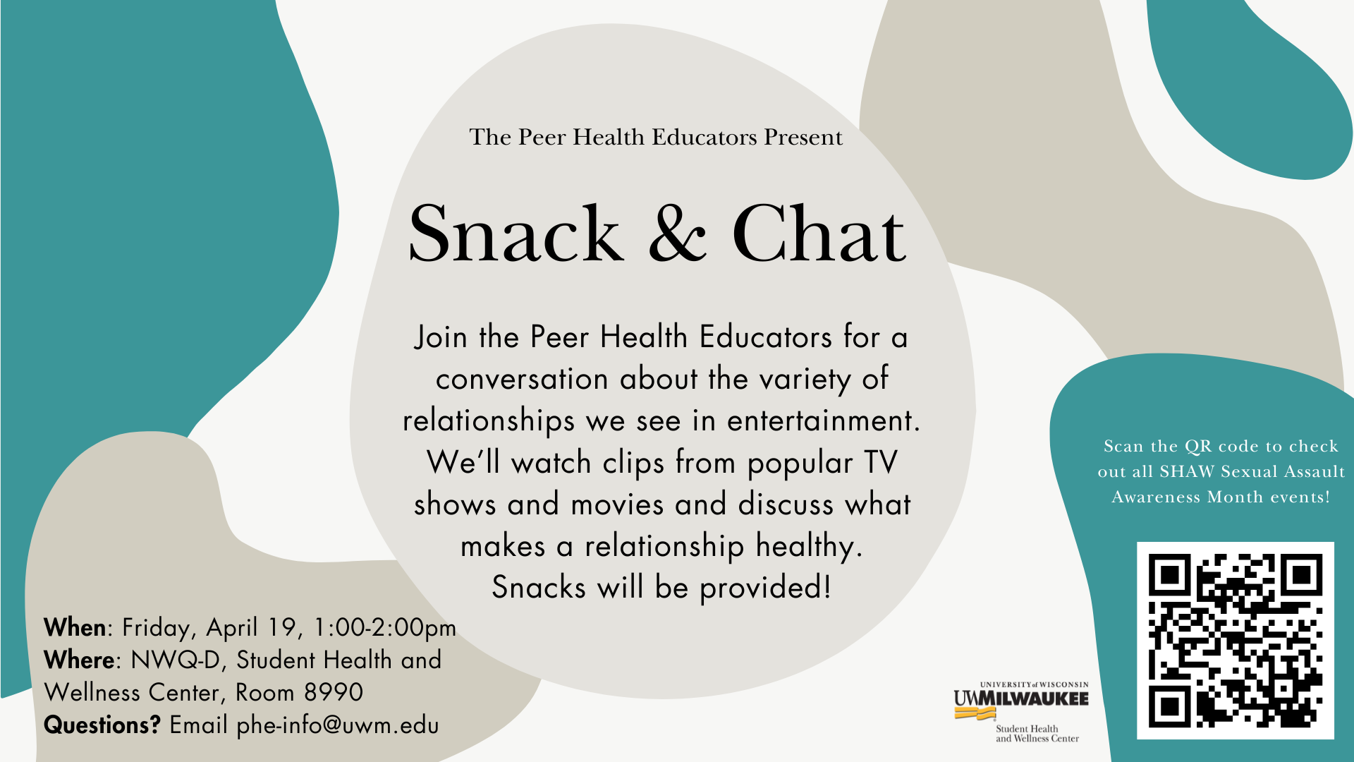 A teal and gray graphic with bubbles depicting an event where peer health educators have snacks and chat about famous movie scenes and tv shows that feature healthy relationships