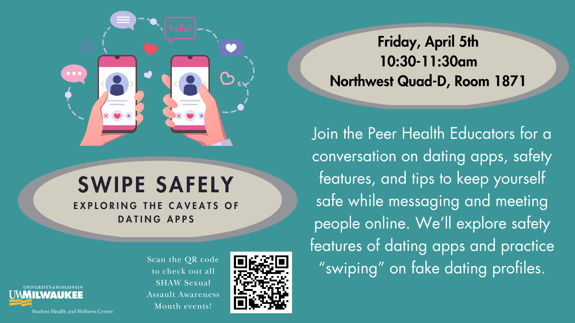 A teal graphic with information about swipe safely, an event about health and wellbeing on dating apps hosted by the student health and wellness center.