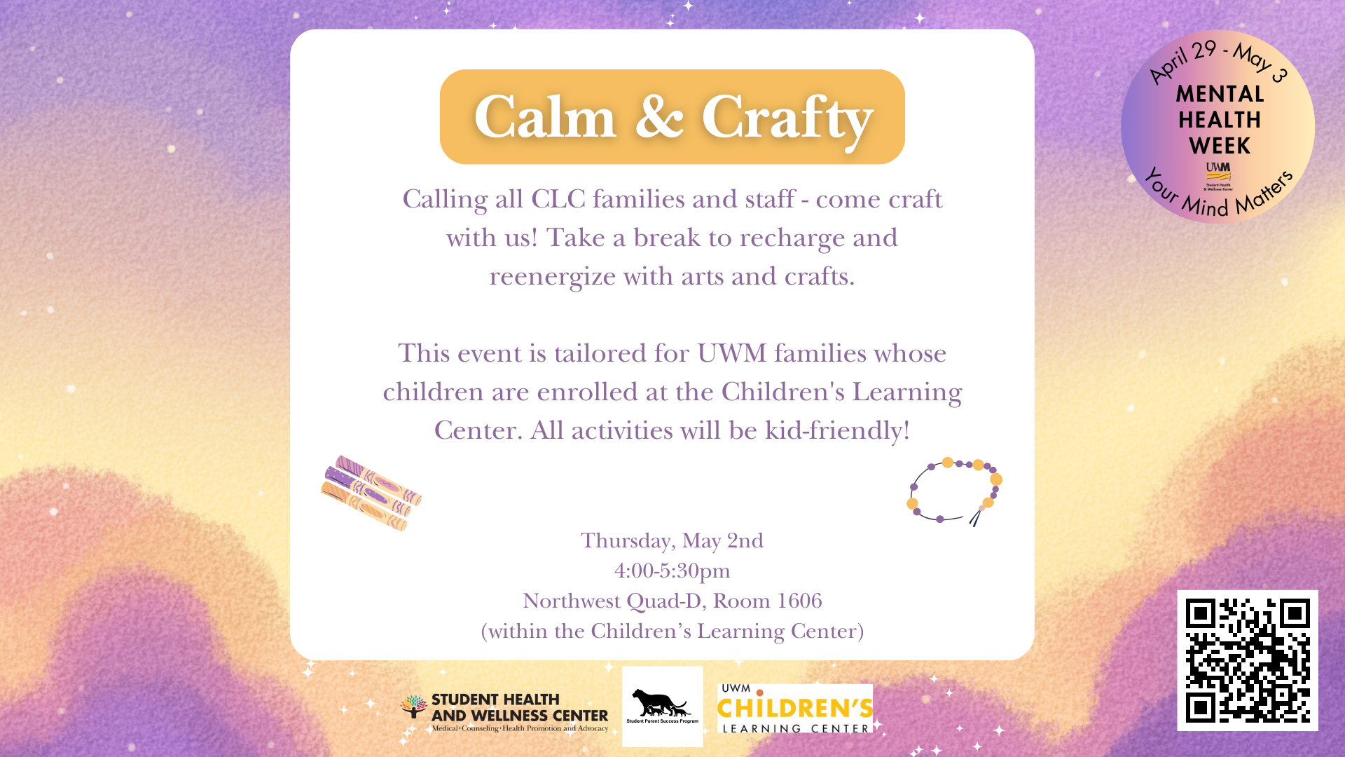 A graphic with information about an event where kids and parents can relax and make crafts.