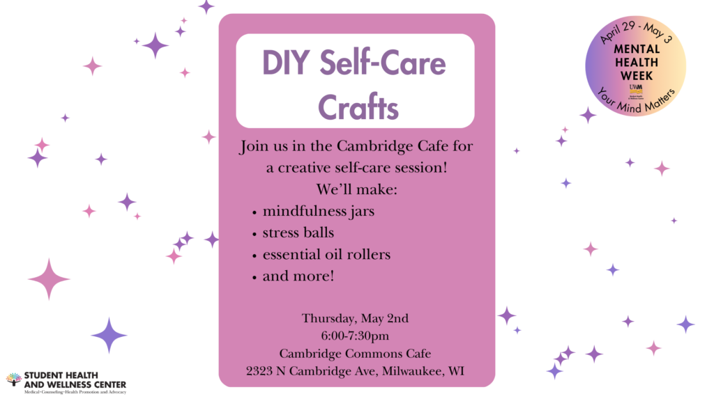 A graphic with information about an event to make self-care crafts and kits in Cambridge Commons.