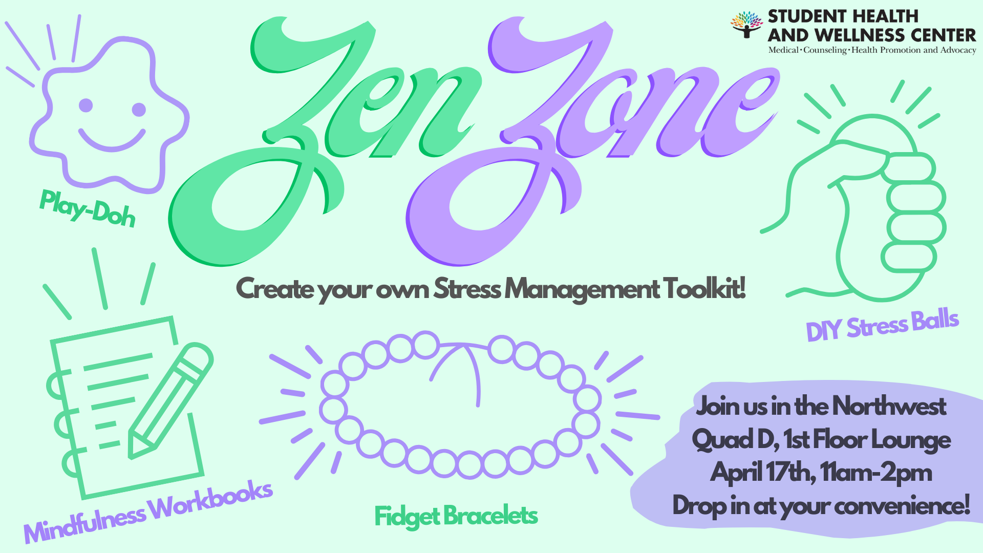A green and purple graphic with information about a zen and mindfulness event in the Northwest Quad