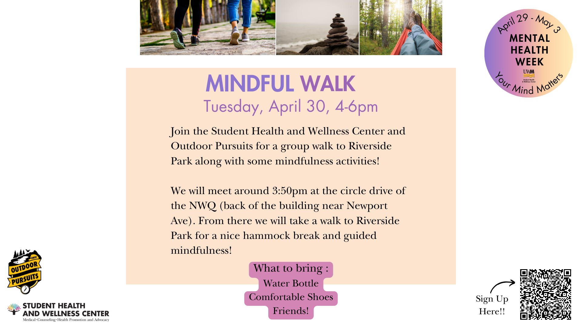 A graphic of a mindful walk event to Riverside park in Milwaukee.