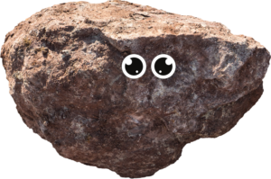 A photo of a rock with cartoon eyes in the middle to depict a face. 