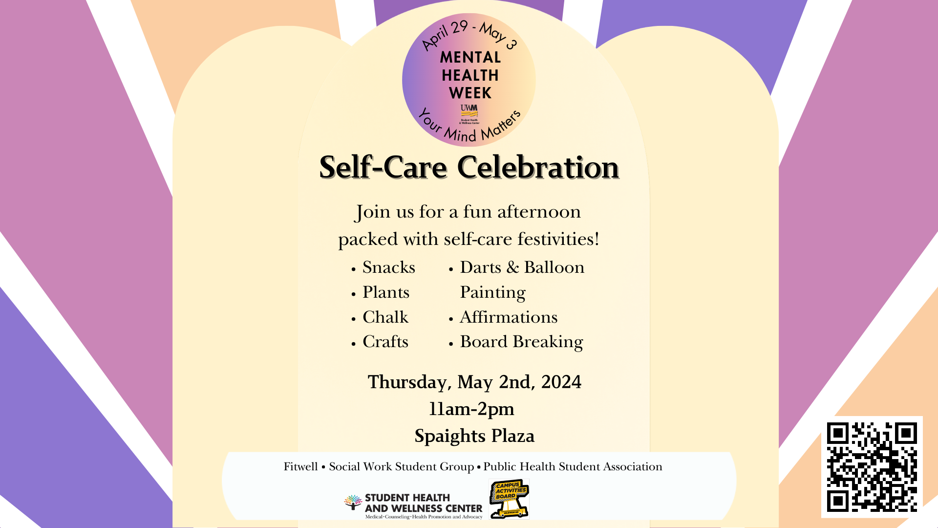 A graphic with information about a self-care celebration block party at spaight's plaza for mental health week.