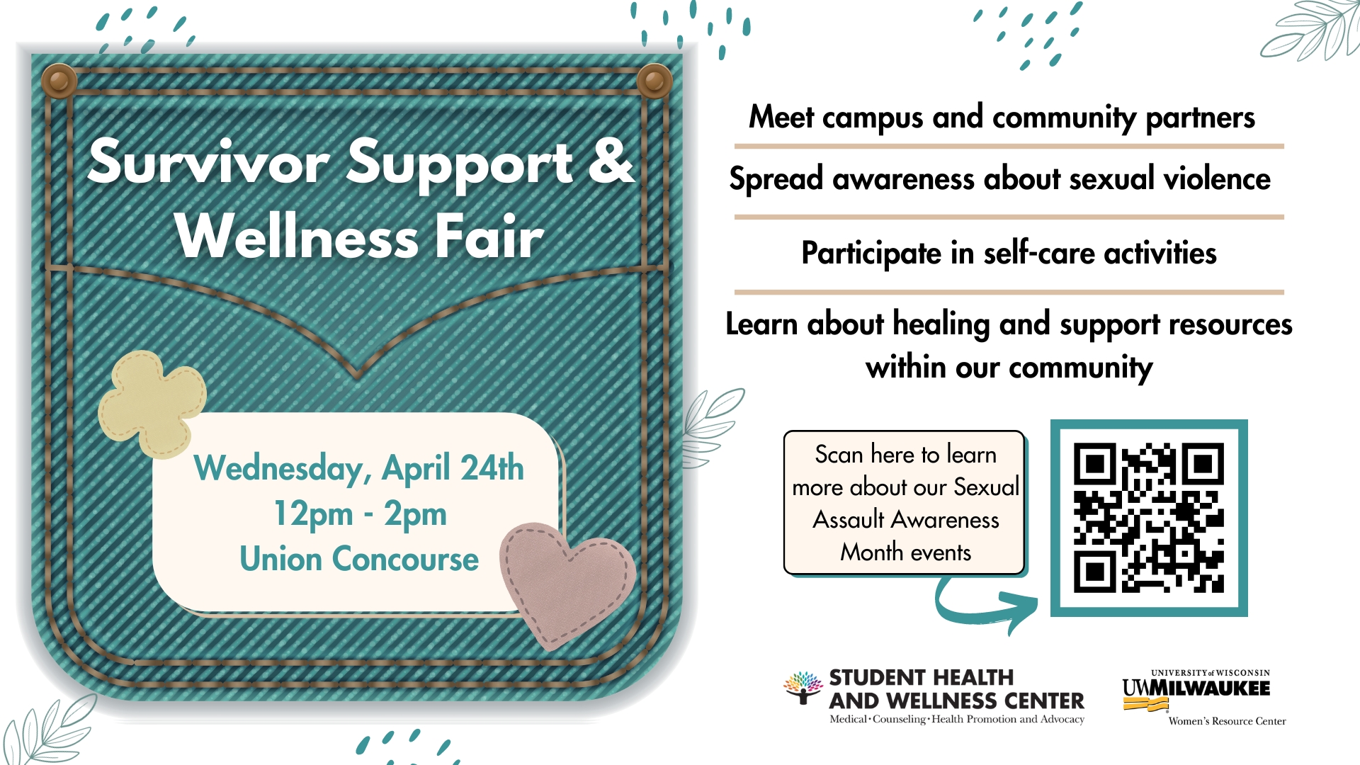 A graphic with a clip art pocket in the middle displaying information about a survivor support fair in the union