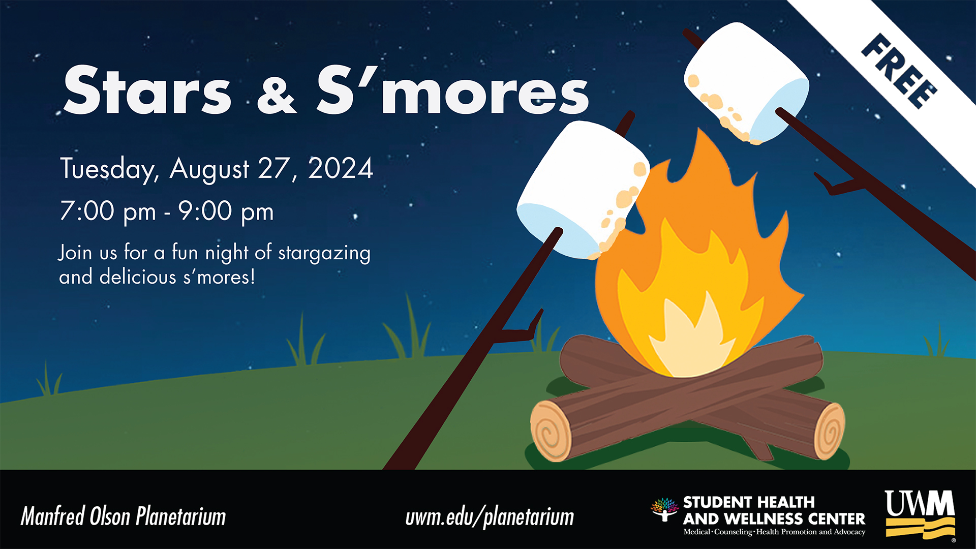 A graphic with information about an outdoor event focused on stargazing and s'mores