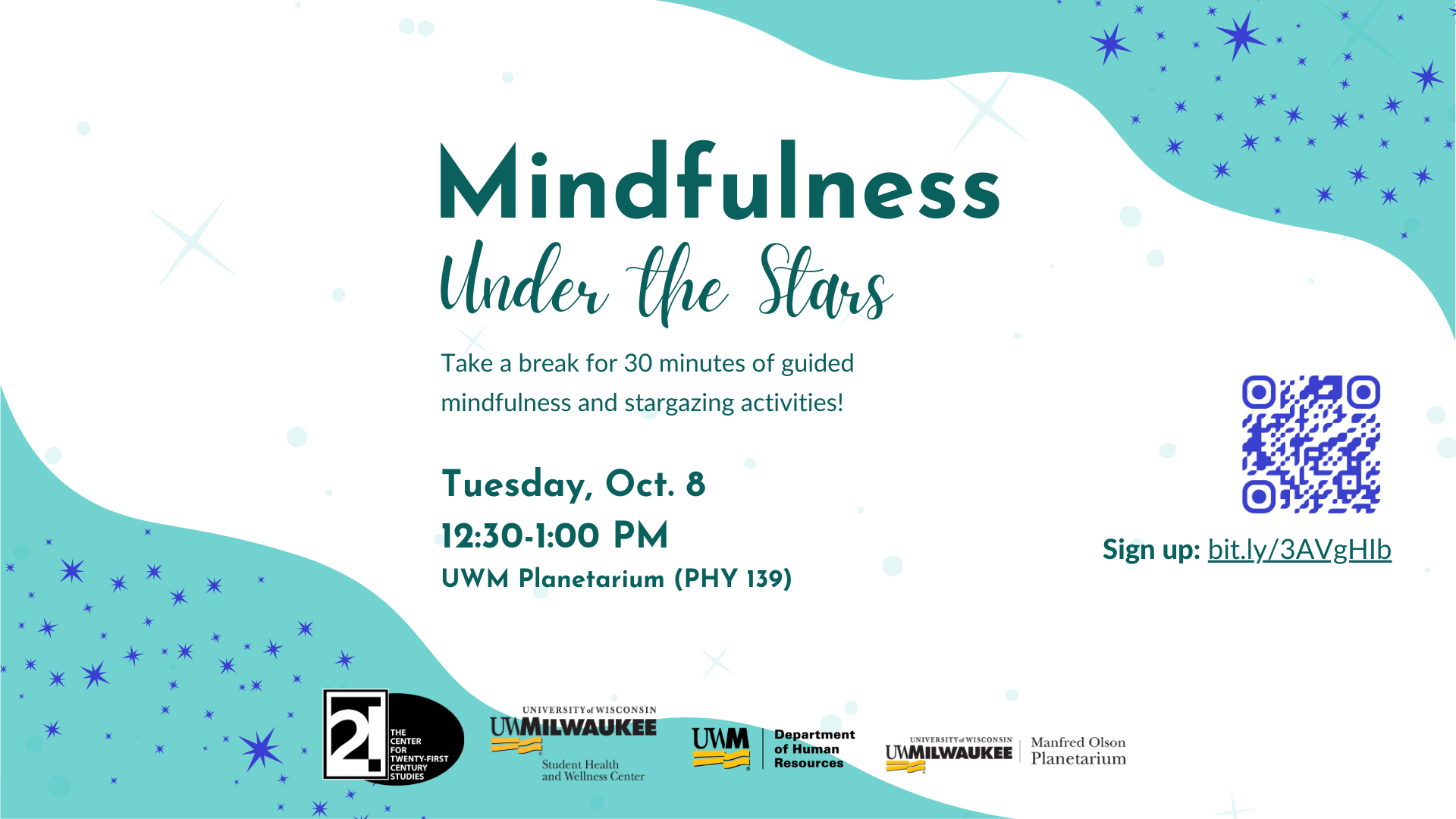 A graphic about an event focused on mindfulness with the UWM planetarium