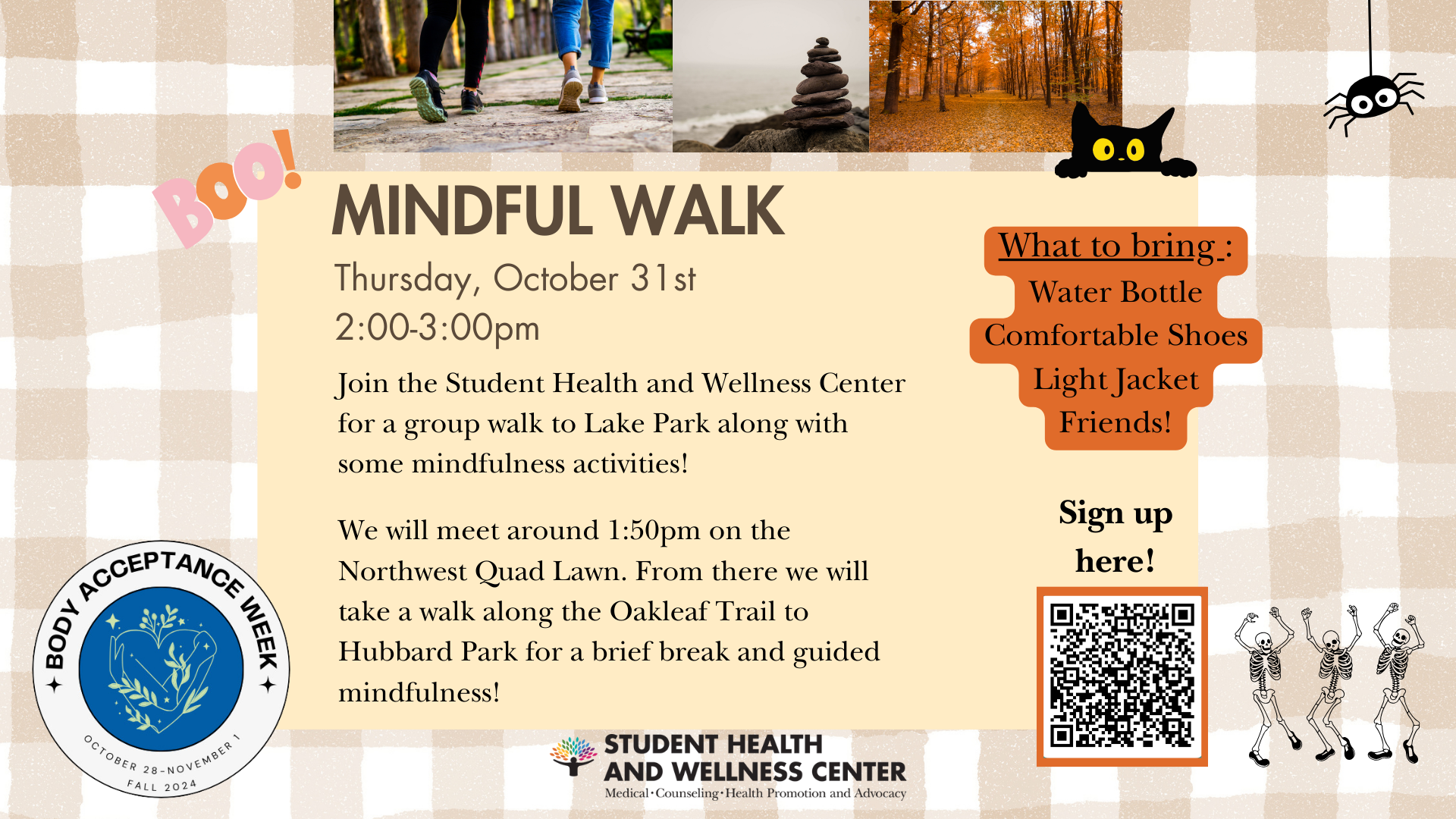 A graphic displaying information on an upcoming mindful walk event.