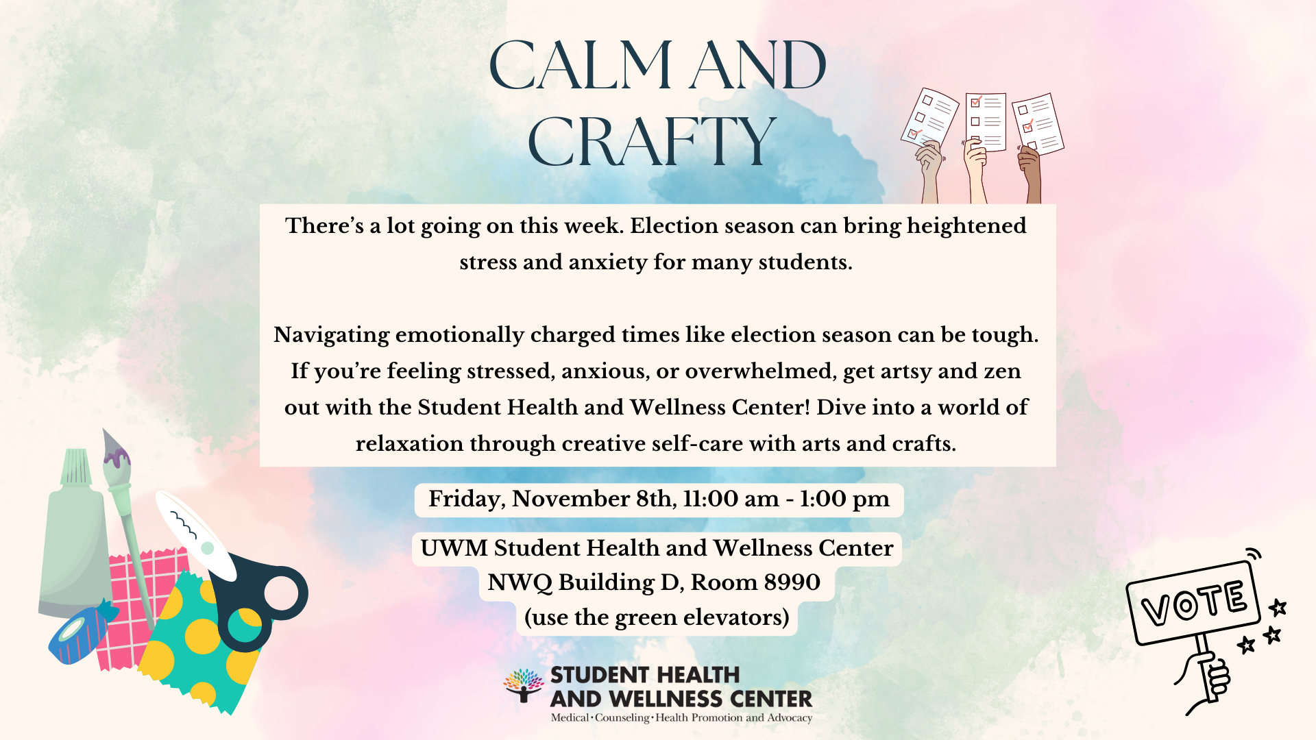 A graphic with information on an event focused on calming crafting during election season