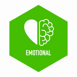 A green hexagon with an illustration of a half heart, half brain design. Below it reads the word emotional.