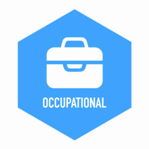 A blue hexagon with an illustration of a lunch box. Below it reads the word occupational.
