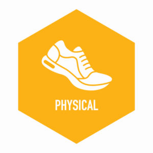 A yellow hexagon with an illustration of a running shoe. Below it reads the word physical.