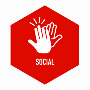 A red hexagon with an illustration of two hands high fiving. Below it reads the word social.