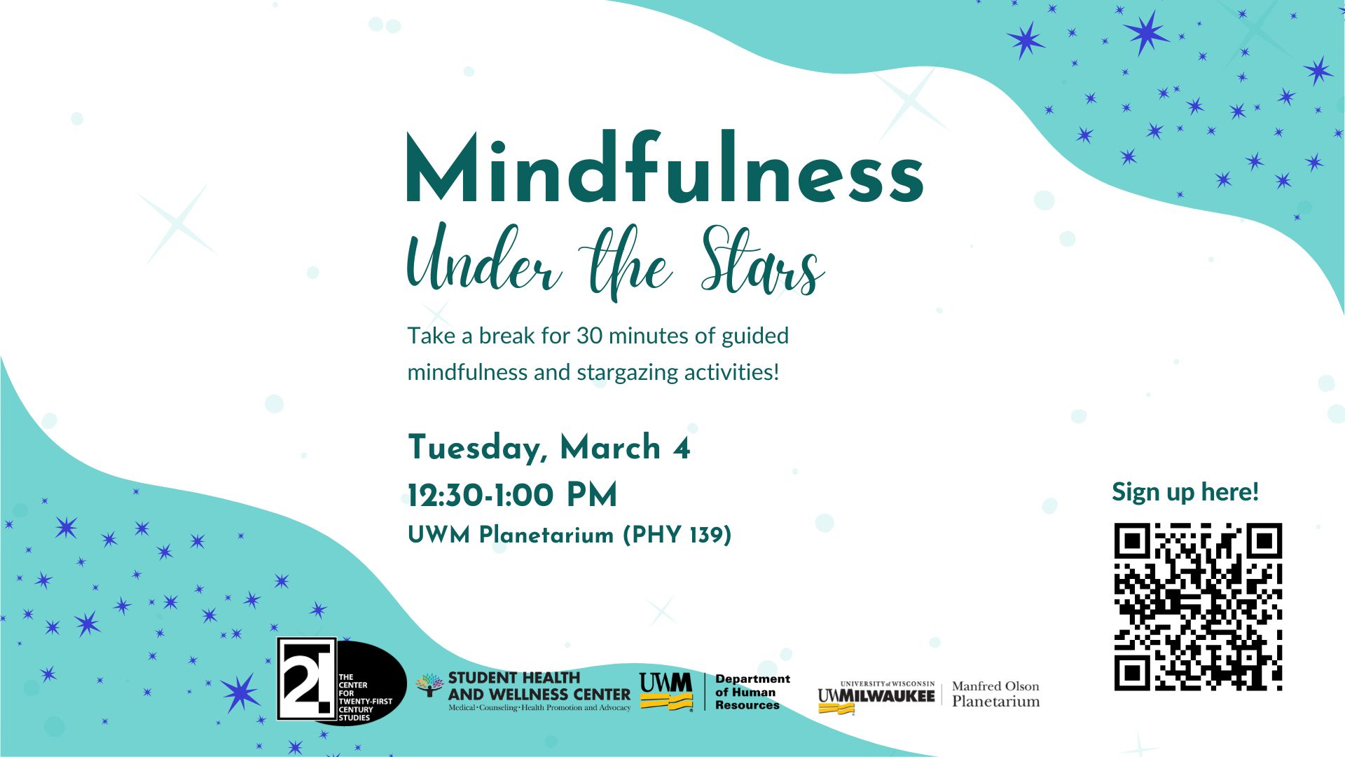 A graphic with information about a mindfulness event with the UWM Planetarium and the Student Health and Wellness Center