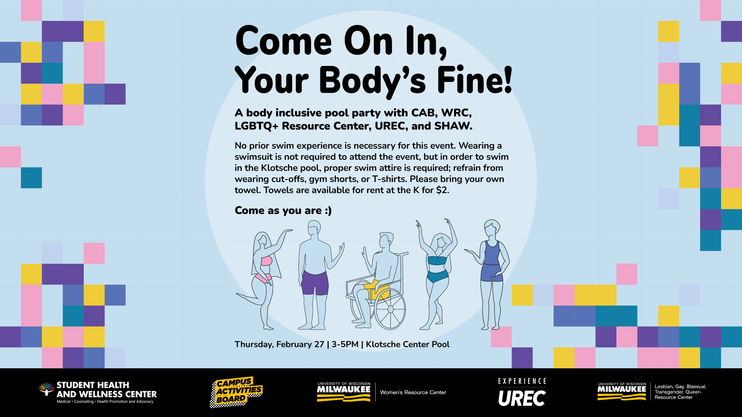 A graphic with information about a body inclusive pool party