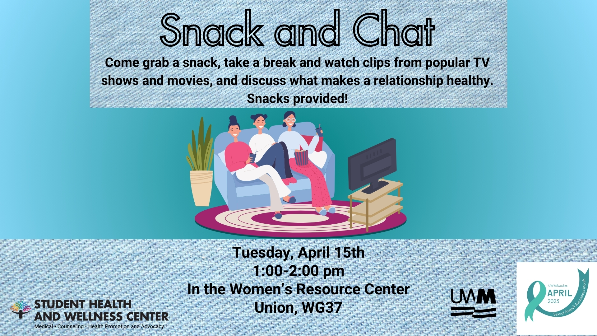A graphic promoting an event to eat snack and watch clips of shows and movies while discussing a topic
