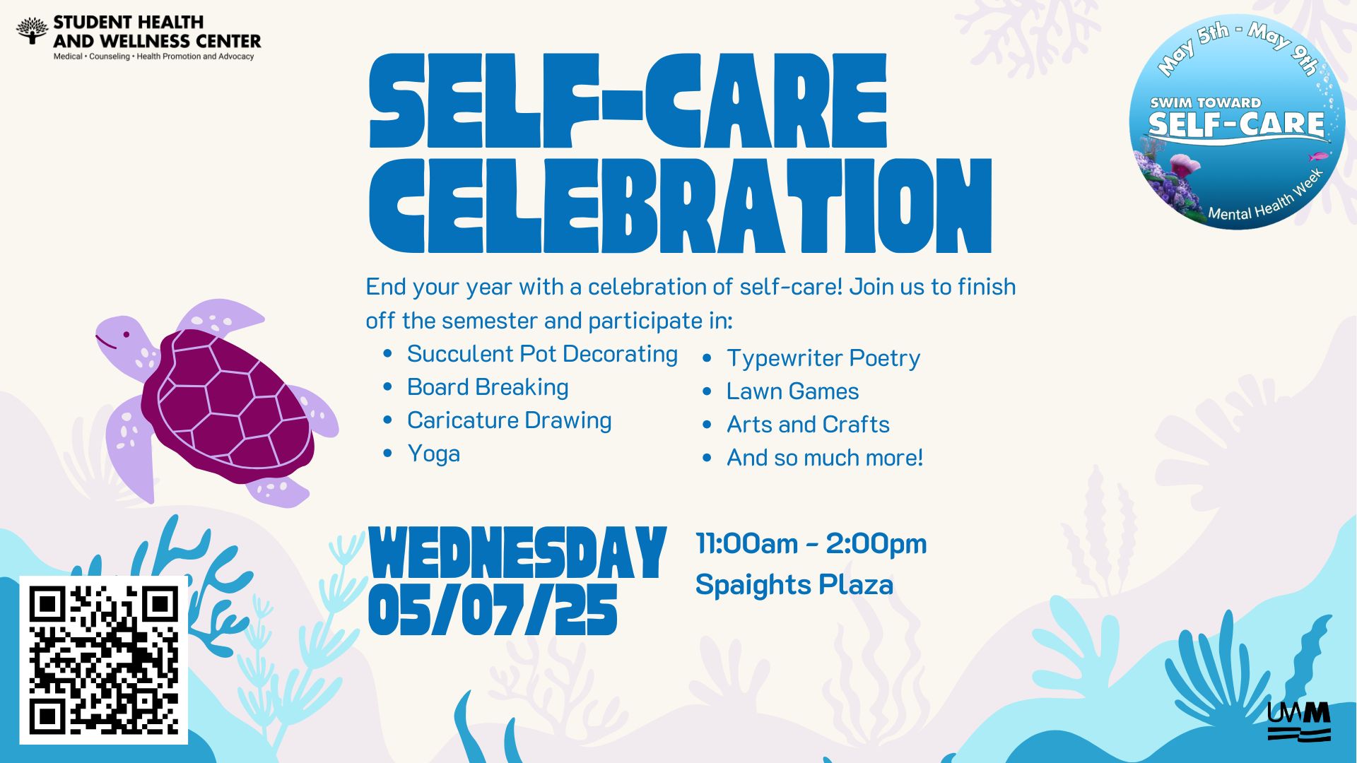 A graphic with information about a self-care block party during mental health week