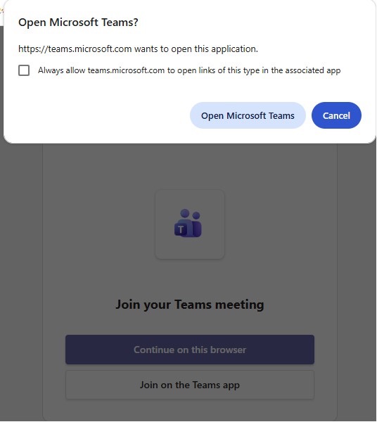 A pop up window titled 'open microsoft teams?' prompting students to open microsoft teams on their desktop